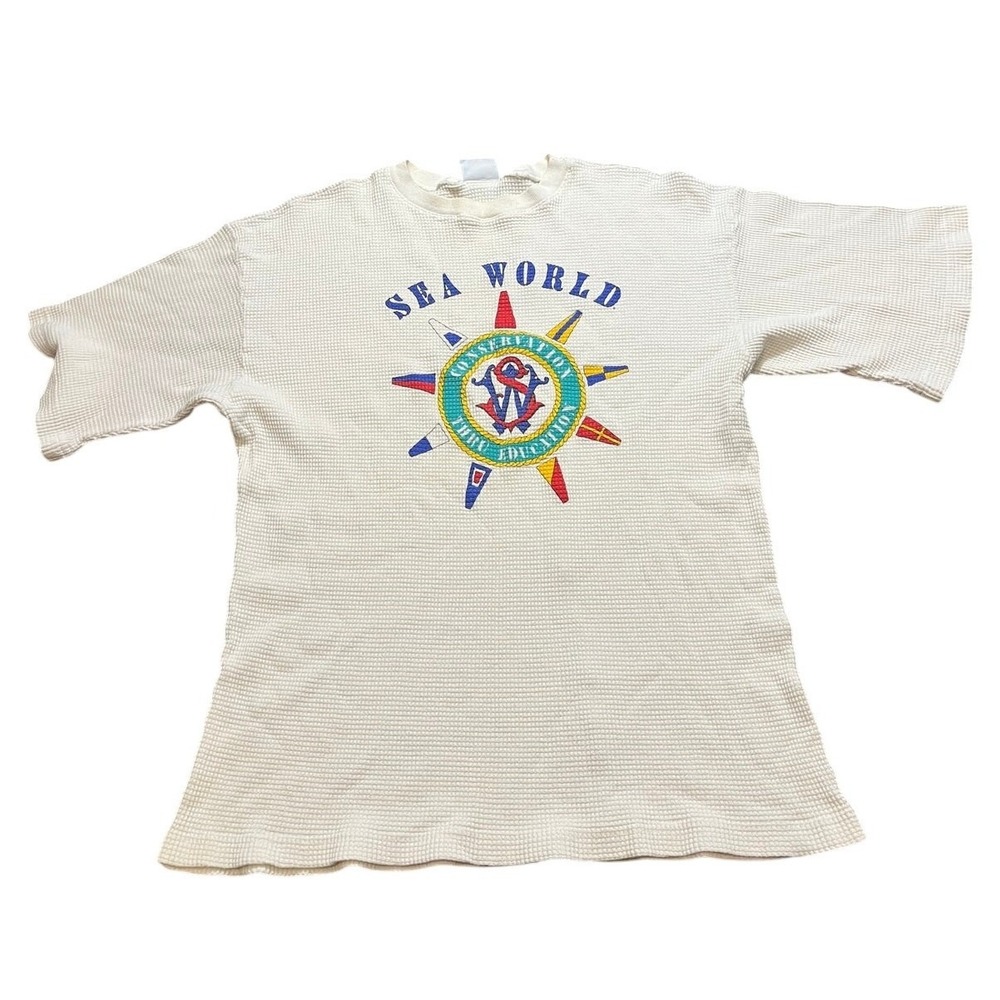 Sea World Waffle Knit Shirt Mens White Vintage Conservation Thru Education
